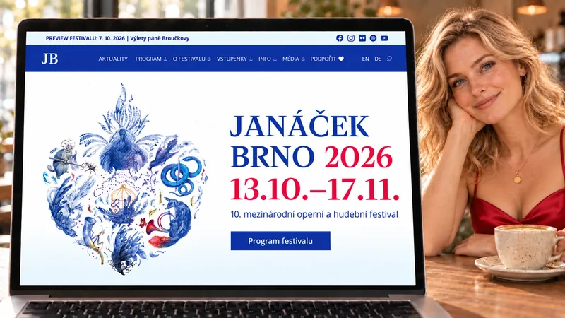 Web festivalu Janáček Brno 2026 na MacBooku v kavárně