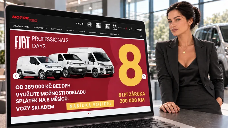 Web Motortec s nabídkou vozů Fiat na notebooku vedle ženy v autosalonu